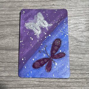 Original ACEO Art Card Butterfly Sky Glittery Inktense Purple & Blue